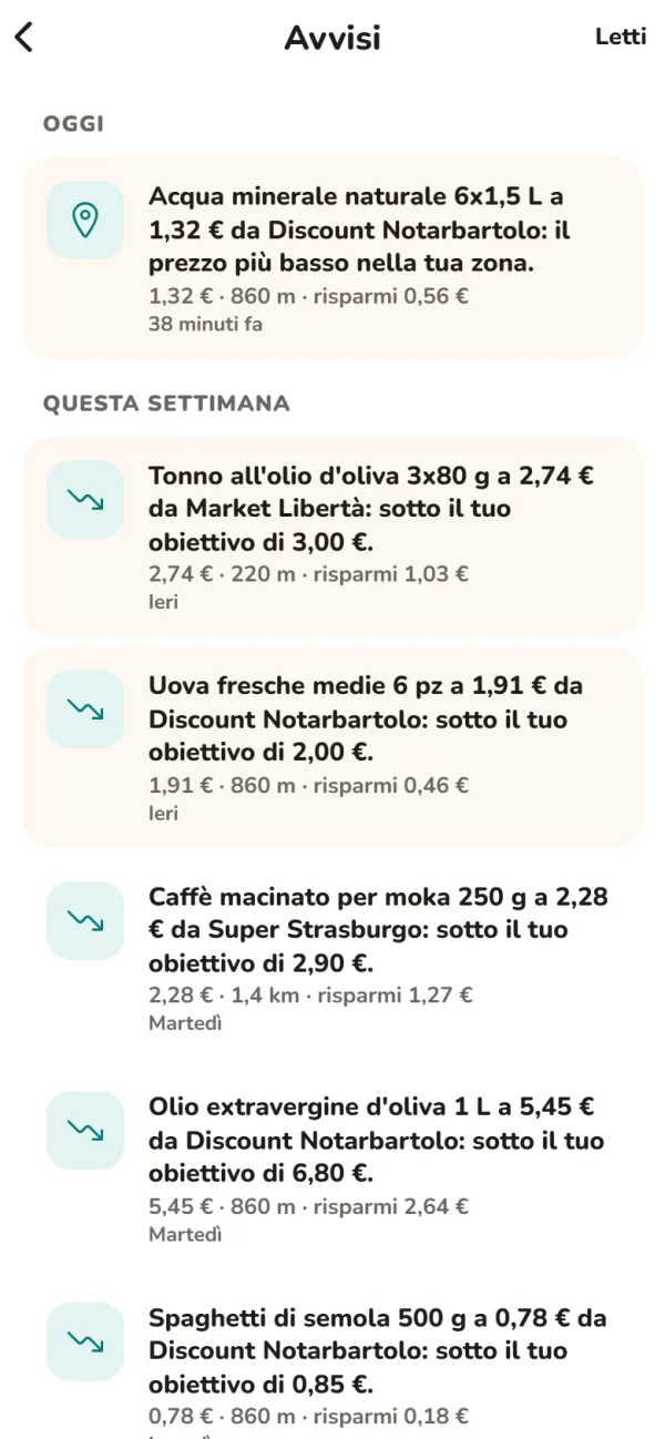 Avvisi di SpesaGenio quando un prodotto costa meno in un supermercato in zona