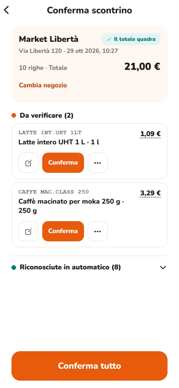Conferma di uno scontrino: righe riconosciute in automatico e righe da verificare